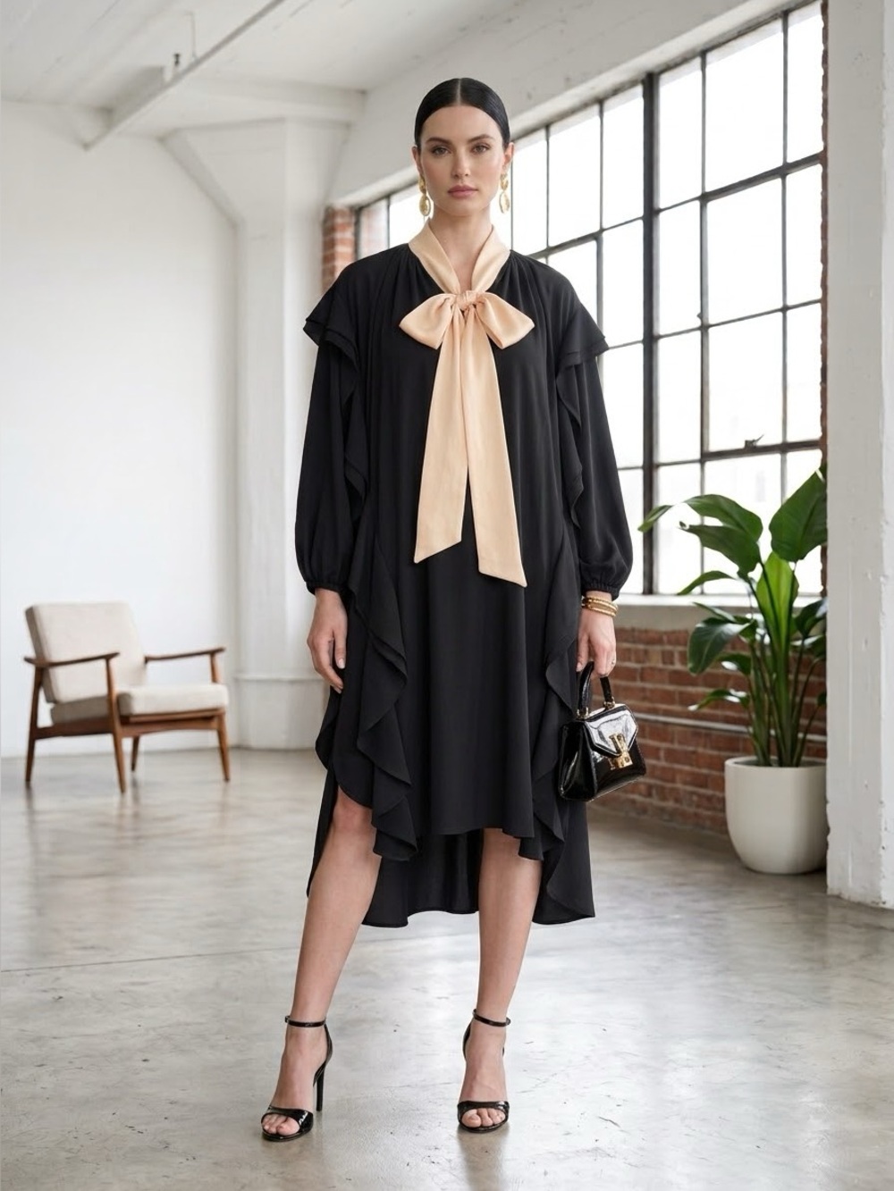 N°21 Black Silk Oversized Tie Neck High-Low Ruffle Shift Dress - US 12 (IT 48)